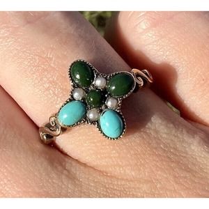 Vintage Victorian 14k Yellow gold Blue and Green Turquoise Seed Pearl Ring